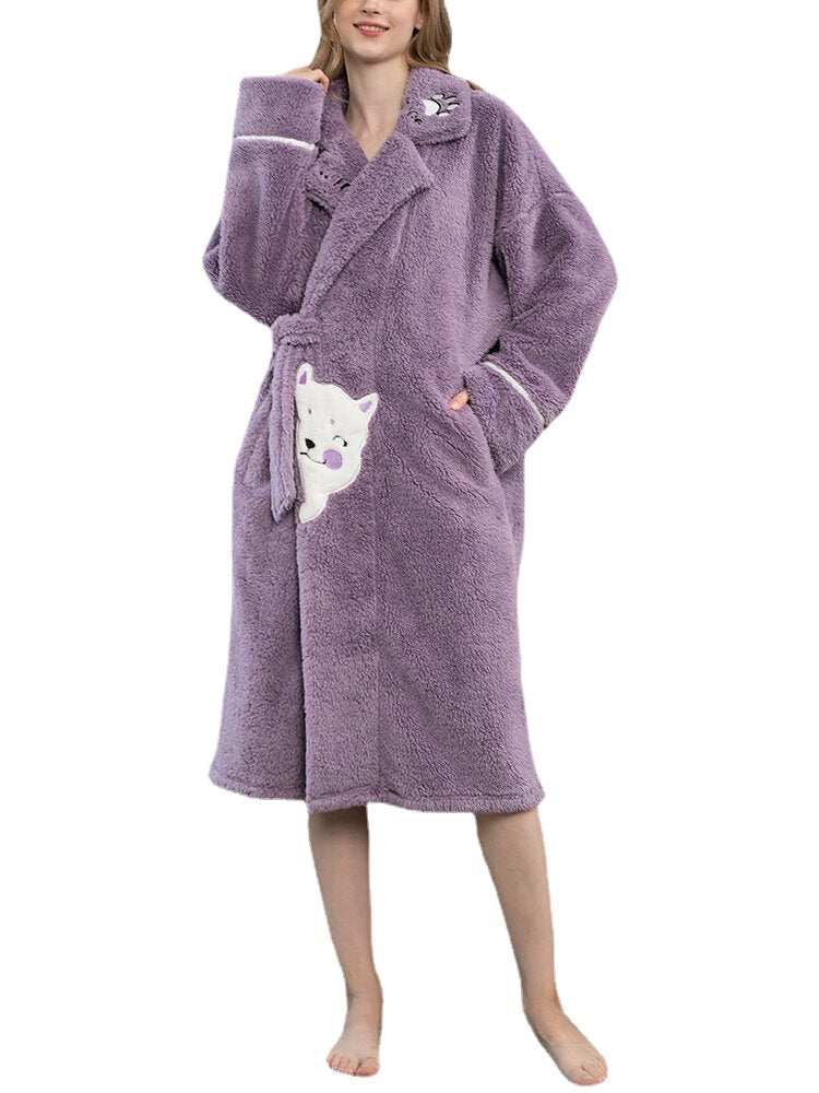 Women Cute Cartoon Cat Pattern Thicken Warm Plush Fluffy Home Sleepwear Robes With Pocket