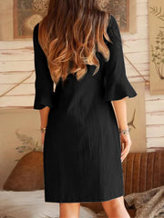 V-neck Oblique Placket Design Bell Sleeve Casual Dress