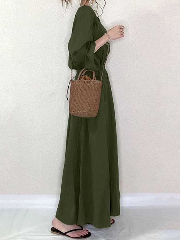 Solid Button Elastic Waist V Neck Casual Maxi Dress