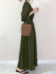 Solid Button Elastic Waist V Neck Casual Maxi Dress