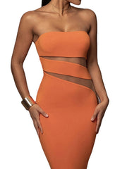 Women's Party Dress Bodycon Sexy Dress Midi Dress Black Orange Brown Sleeveless Pure Color Cut Out Summer Spring Fall Strapless Fashion Wedding Guest Vacation Summer Dress