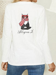 Women Cartoon Cat Letter Print Round Neck Casual Long Sleeve Blouses