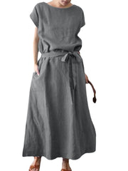 Solid Color Short Sleeve O-neck Knotted Cotton Dress