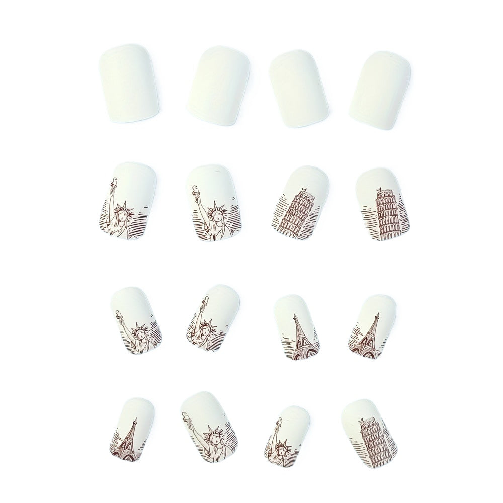24pcs Matte Eiffel Tower Design Short Square Fake Nails, Full Cover Set for Parties & Daily Wear