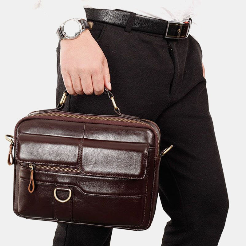 Men's Genuine Leather Crossbody Bag, Multi-pocket, Large Capacity, Retro 6.5" Phone Briefcase Shoulder Handbag
