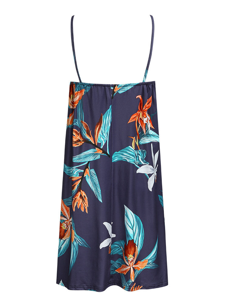 Flower Print Crew Neck Sleeveless Suspender Skirt Loose Midi Dress