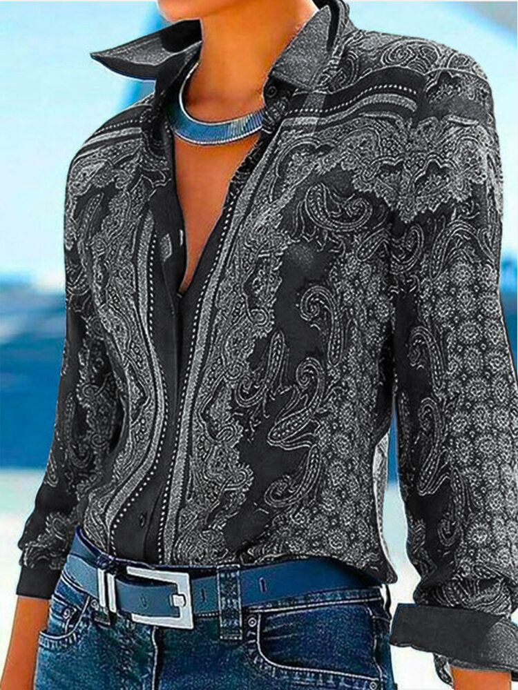 Women Ethnic Style Print Button Front Lapel Long Sleeve Shirt