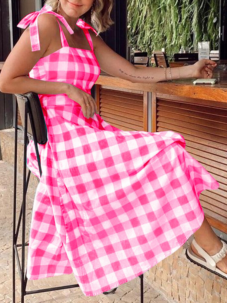 Sleeveless Pleated Spliced Plaid Casual Dress For Women