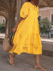 Casual Loose Floral Print O-neck Puff Sleeve Pleated A-line Maxi Dress