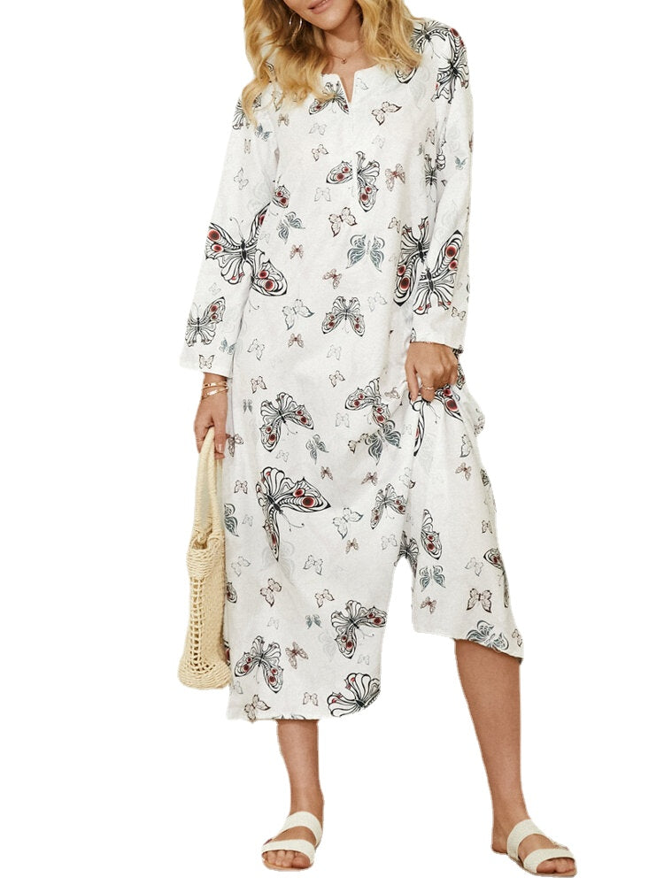 Women Butterfly Print Long Sleeve Pocket Casual Maxi Dress