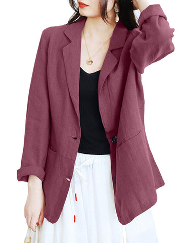 100% Cotton Lapel Business Casual Blazer with Front Pockets for Women