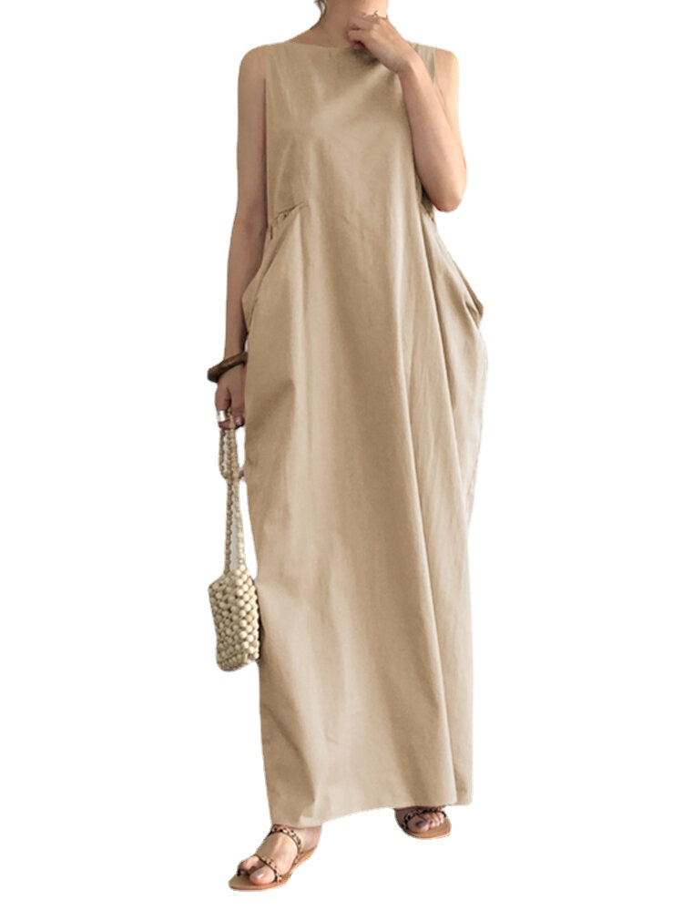 Women Elegant Solid Color Side Pockets Design Sleeveless Casual Maxi Dress