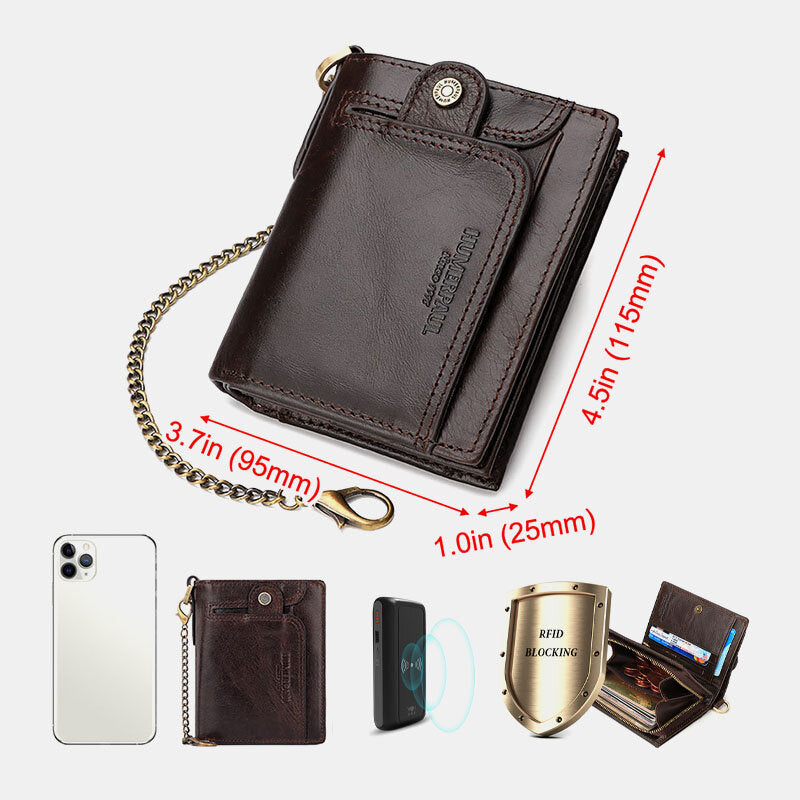 Men Genuine Leather RFID Anti-theft Zipper Multi-slot Card Holder Wallet With Chain