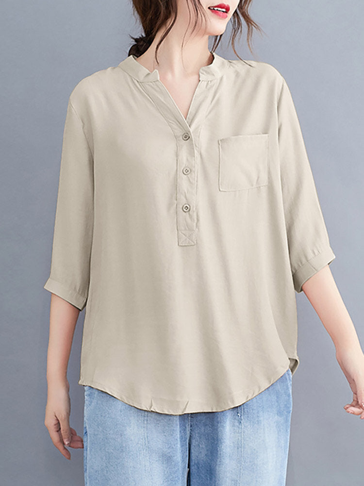 Solid Button Pocket V Neck Casual Blouse