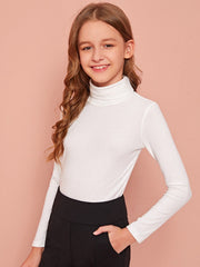 Tween Girl Casual Rib-Knit Turtleneck Top - Slim Fit, Long Sleeve, Forest-Safe Fibers