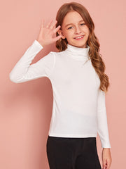 Tween Girl Casual Rib-Knit Turtleneck Top - Slim Fit, Long Sleeve, Forest-Safe Fibers