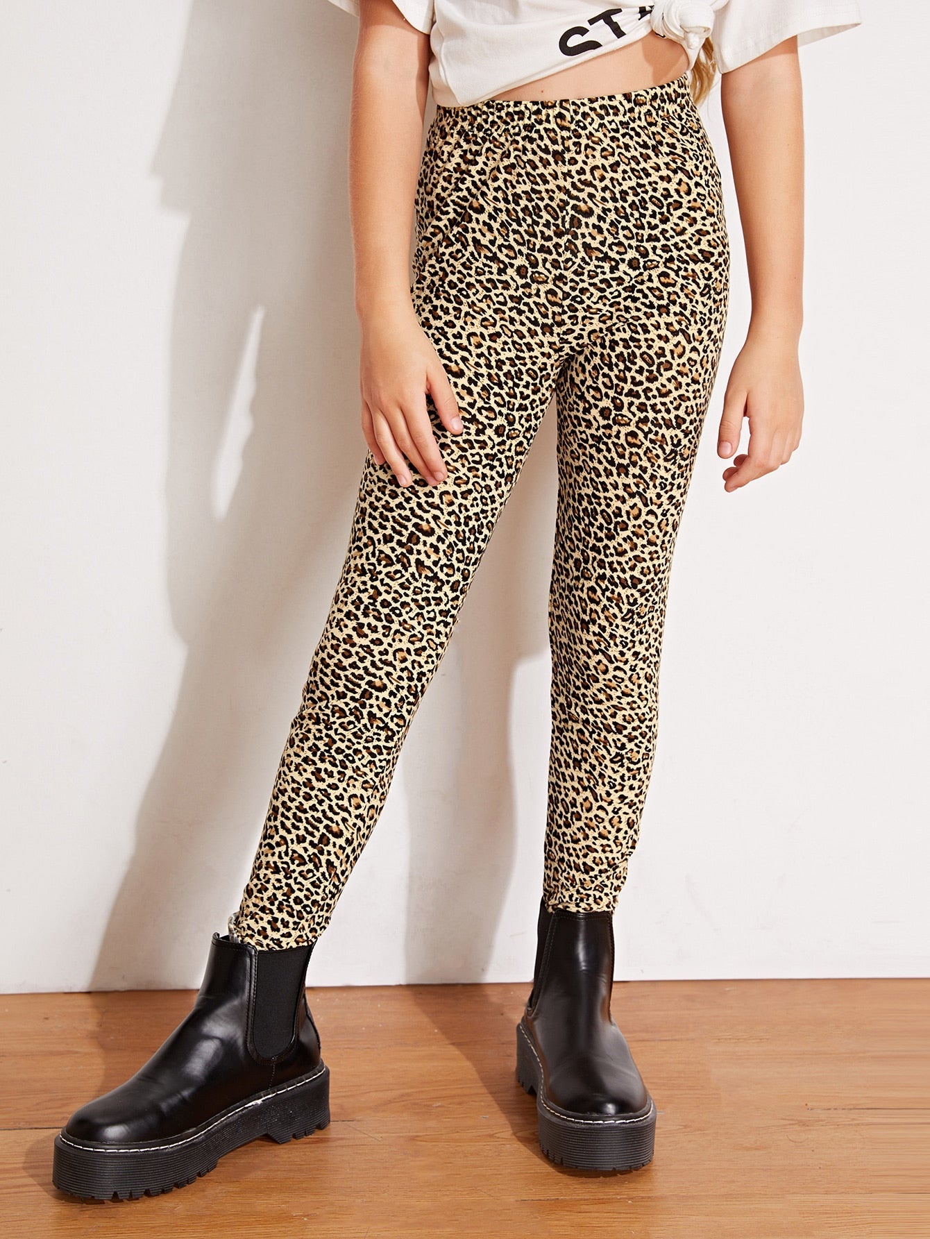 Tween Girl Leopard Print Leggings - Elastic Waist, Long Length, Slight Stretch Fabric