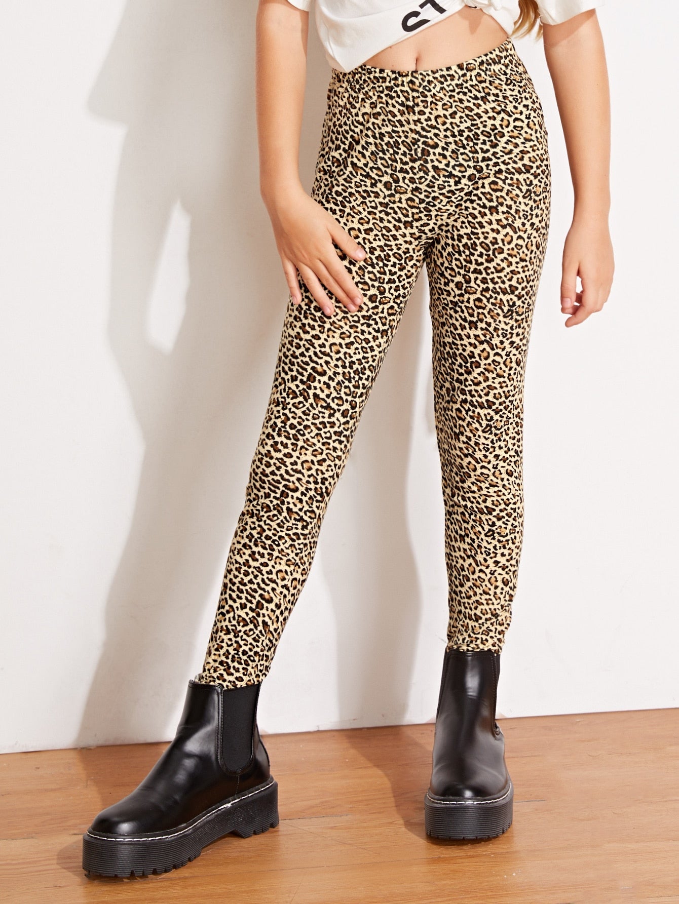 Tween Girl Leopard Print Leggings - Elastic Waist, Long Length, Slight Stretch Fabric