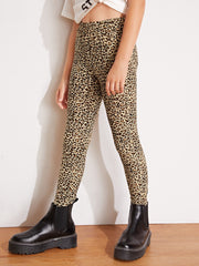 Tween Girl Leopard Print Leggings - Elastic Waist, Long Length, Slight Stretch Fabric