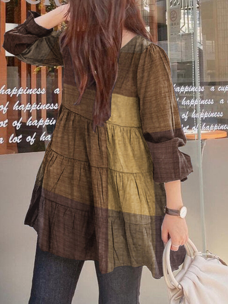 Women Plaid Puff Sleeve Loose Splicing O-neck Pleated Plain Casual Blouses