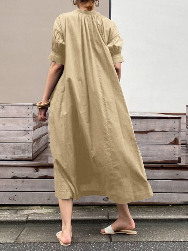 Casual Plain Puff Sleeves O-neck Pleated Solid Maxi Dress With Pocket