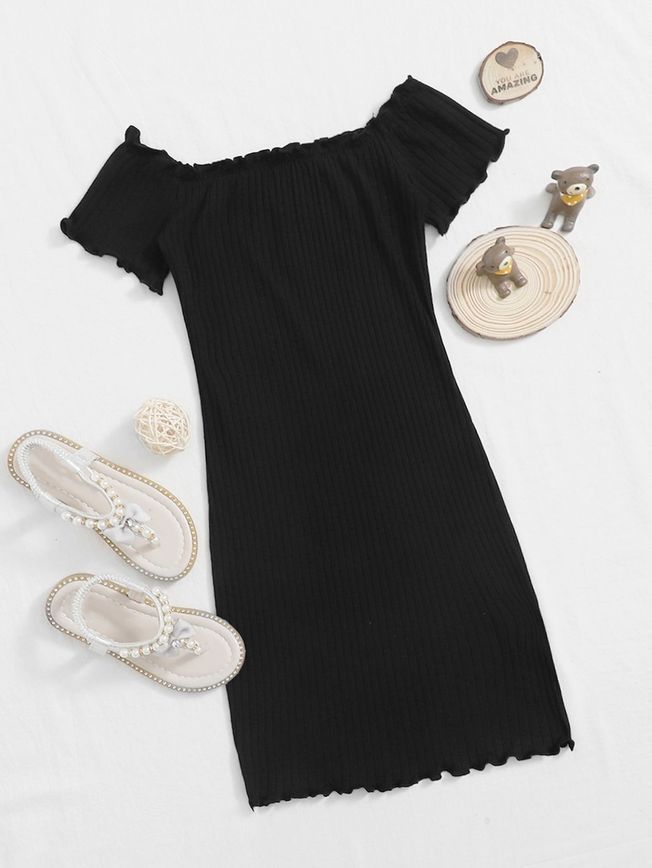 Tween Girl Off Shoulder Rib-Knit Dress - Casual, Slim Fit, Short Sleeve, Pencil Hem