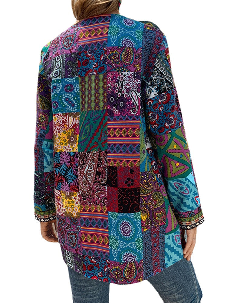 Women Retro Floral Print Patchwork Long Sleeve Irregular Cotton Ethnic Style Vintage Cardigans