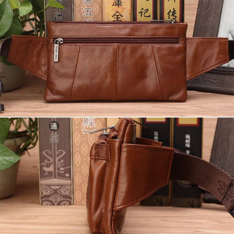 Men Multifunction Ultra-thin Multi-pocket Chest Bag Retro Casual 6.5 Inch Phone Bag Cowhide Crossbody Bags Shoulder