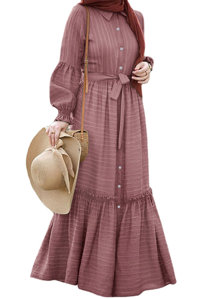 Striped Long Sleeve Turn-down Collar Long Sleeve Maxi Dress With Belt