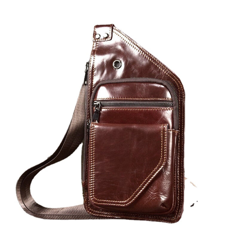 Men Genuine Leather Retro Multifunction Earphone Hole Crossbody Bag Chest Sling