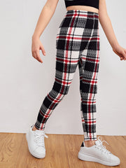 Tween Girl Plaid High Waist Leggings - Long, Slight Stretch, Spring/Fall, Machine Washable