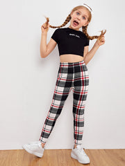 Tween Girl Plaid High Waist Leggings - Long, Slight Stretch, Spring/Fall, Machine Washable