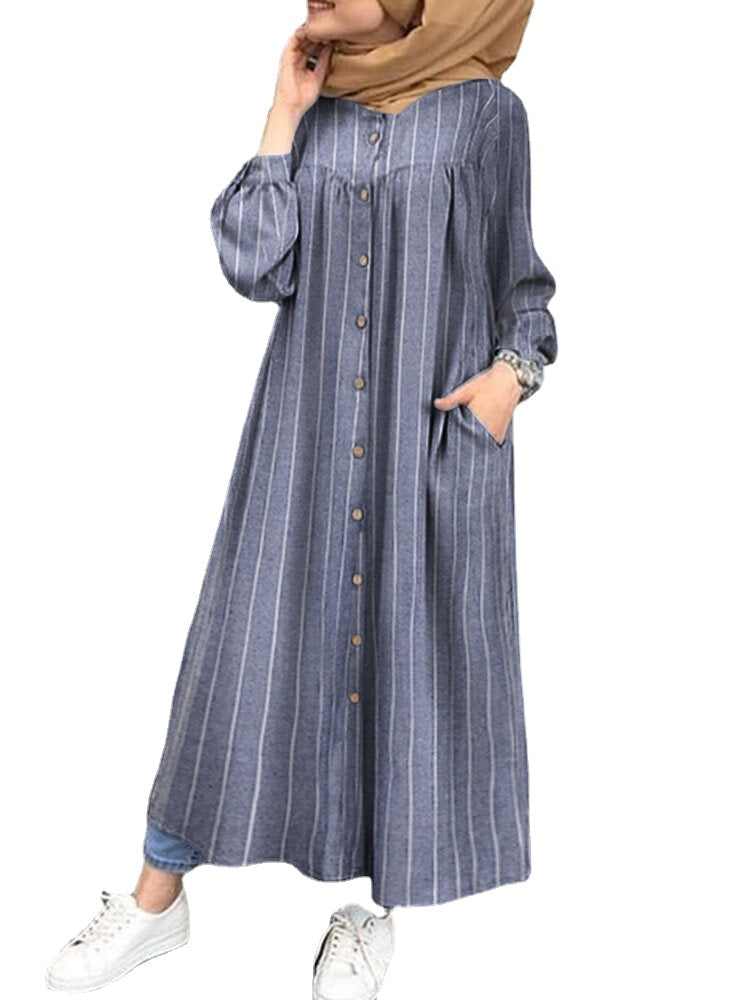 Women Casual Stripe Print Button Long Sleeve Side Pocket Shirt Maxi Dress