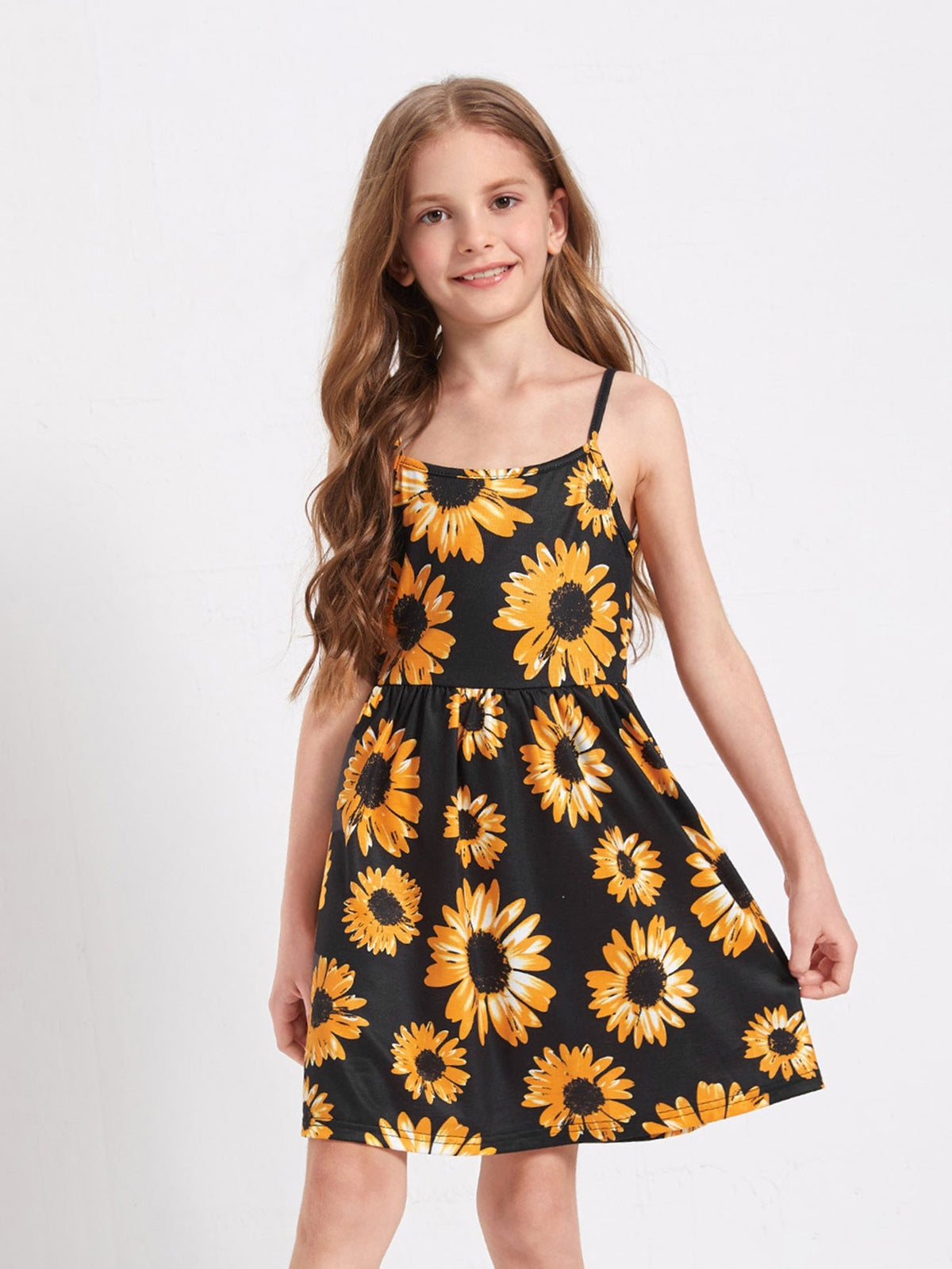 Boho Floral Print Cami Dress for Tween Girls - Sleeveless, High Waist, Flared Hem