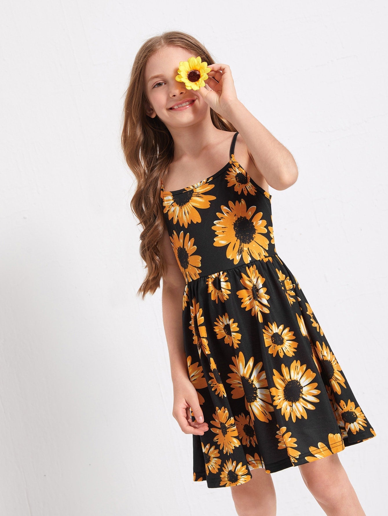 Boho Floral Print Cami Dress for Tween Girls - Sleeveless, High Waist, Flared Hem