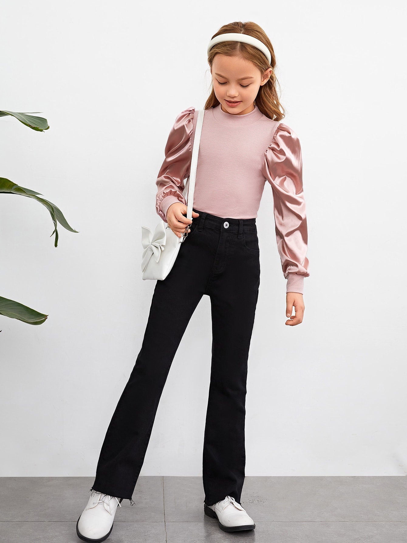 Tween Girl Casual Long Sleeve Knitted Top - Puff Sleeves, Stand Collar, Rib-Knit, Slim Fit