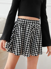 Tween Girl Casual Houndstooth Wide Leg Shorts - High Waist, Elastic, Slight Stretch