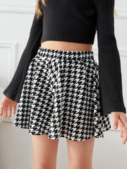 Tween Girl Casual Houndstooth Wide Leg Shorts - High Waist, Elastic, Slight Stretch