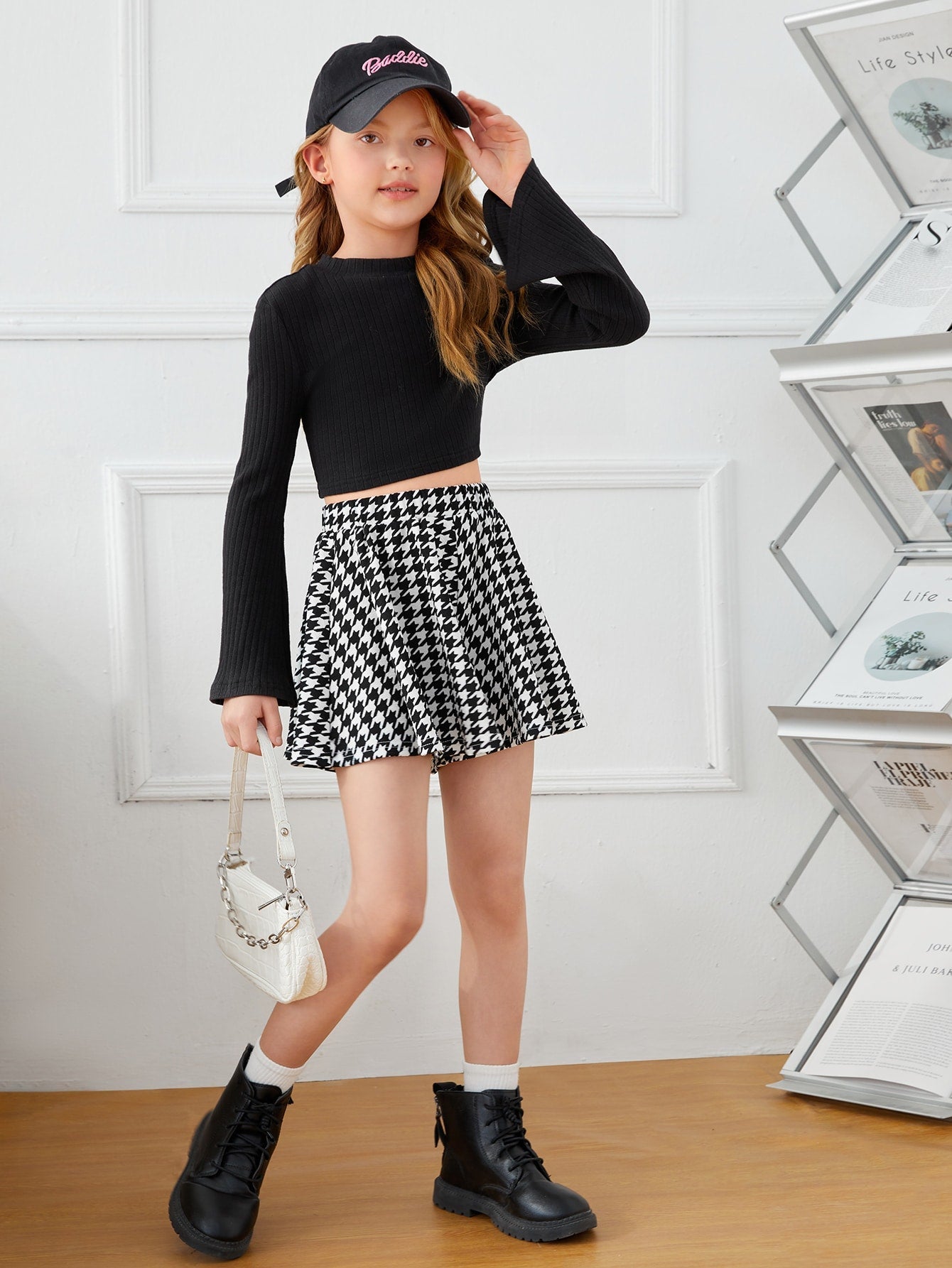 Tween Girl Casual Houndstooth Wide Leg Shorts - High Waist, Elastic, Slight Stretch