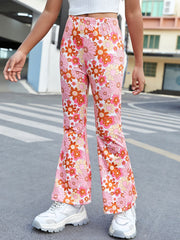 Boho Floral Print Flare Leg Pants for Tween Girls - High Waist, Elastic Waist, Slight Stretch