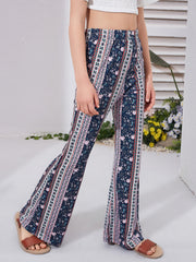 Boho Tribal High Waist Flare Leg Pants for Tween Girls - Elastic Waist, Slight Stretch