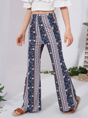 Boho Tribal High Waist Flare Leg Pants for Tween Girls - Elastic Waist, Slight Stretch