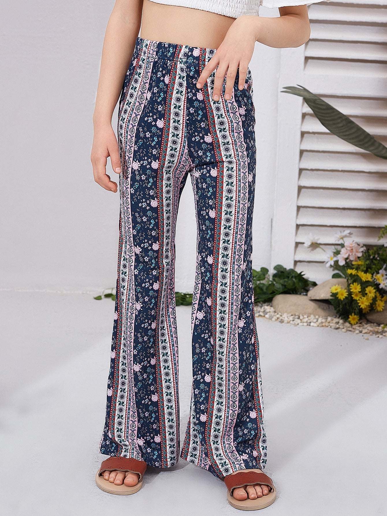 Boho Tribal High Waist Flare Leg Pants for Tween Girls - Elastic Waist, Slight Stretch