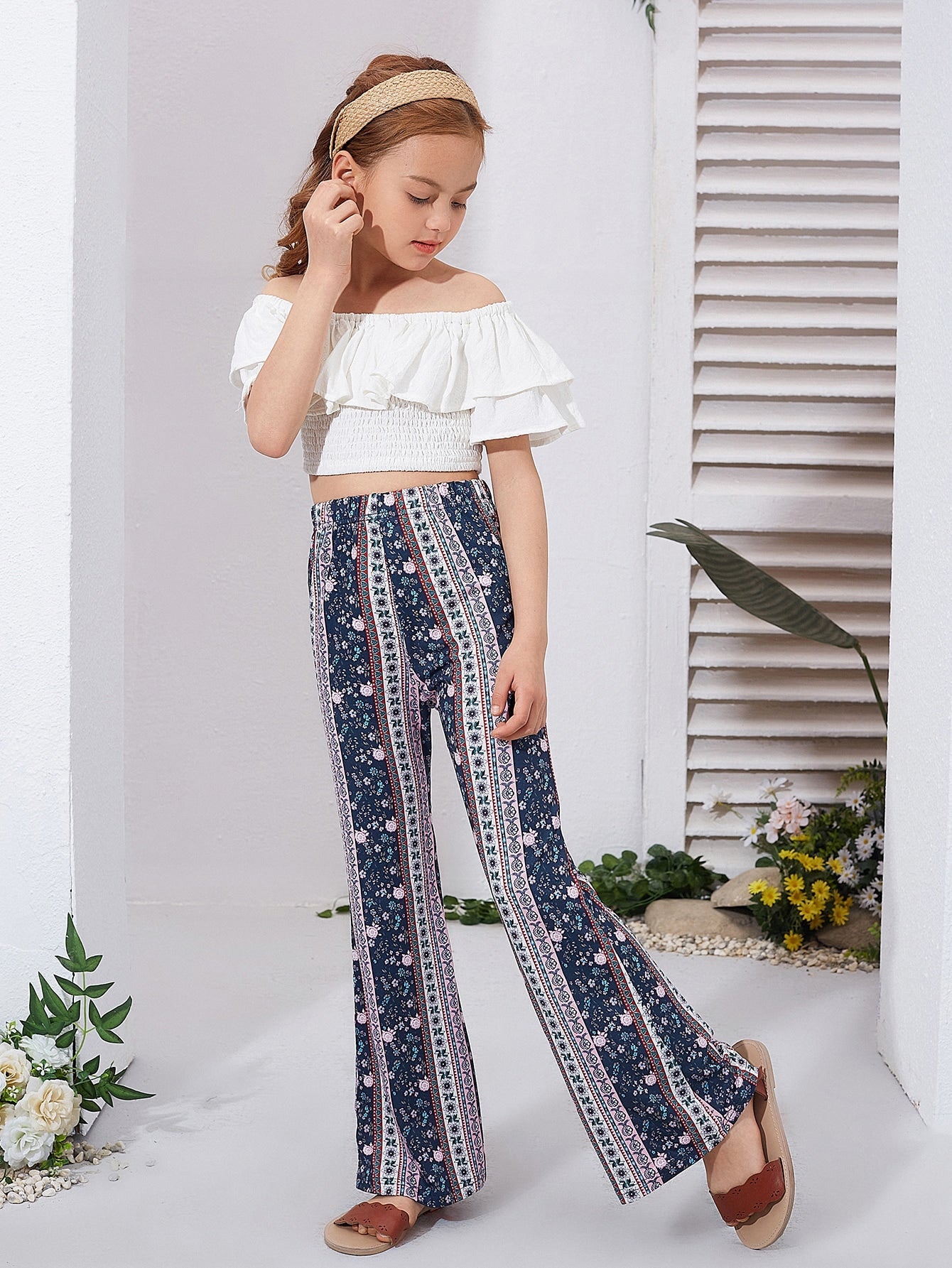 Boho Tribal High Waist Flare Leg Pants for Tween Girls - Elastic Waist, Slight Stretch