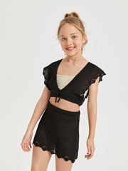 2-Pack Girls Tie Front Cover Up Top & Skirt Set - Short Sleeve, Knot Detail, Sheer, Machine Washable