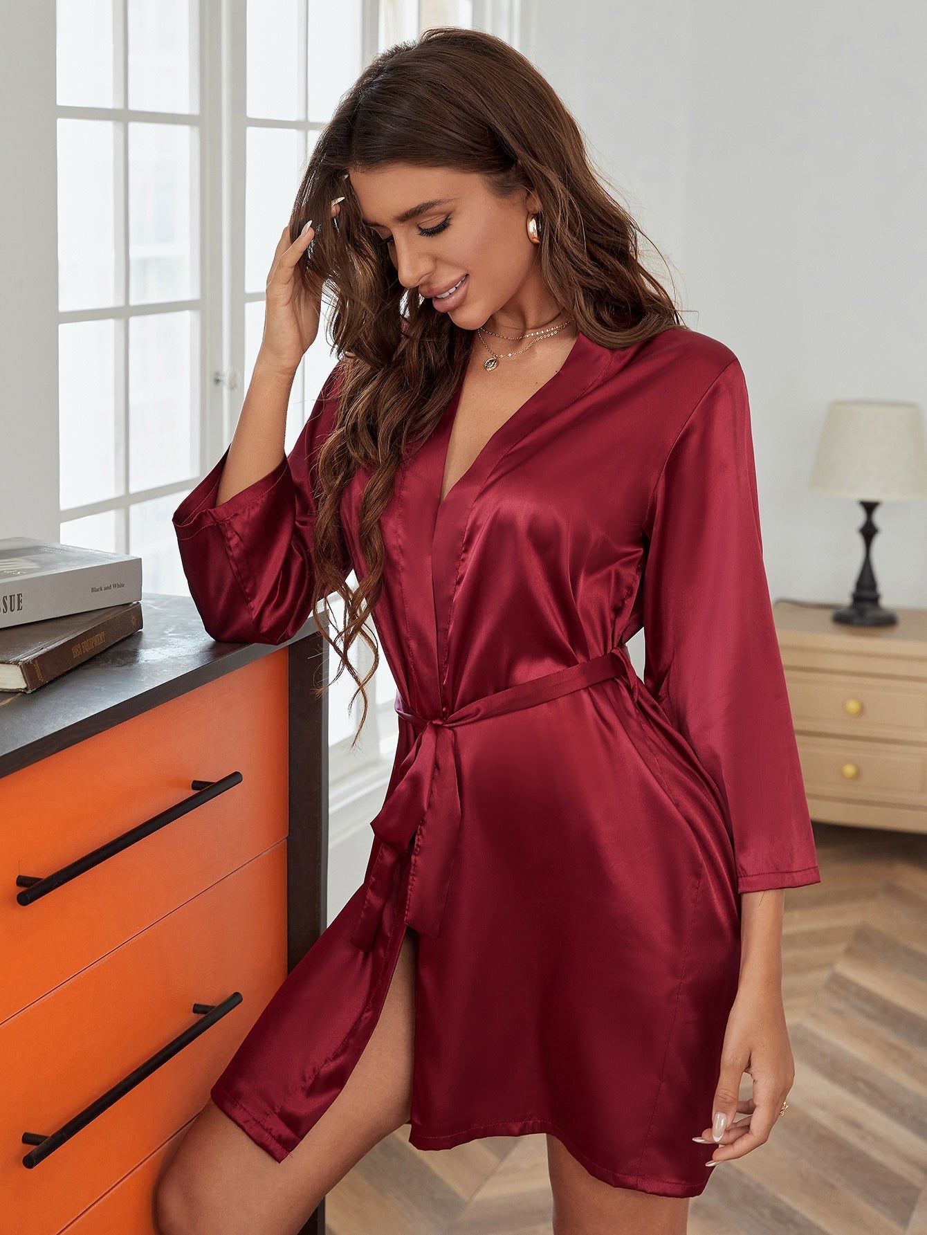 Open Front Belted Satin Night Robe