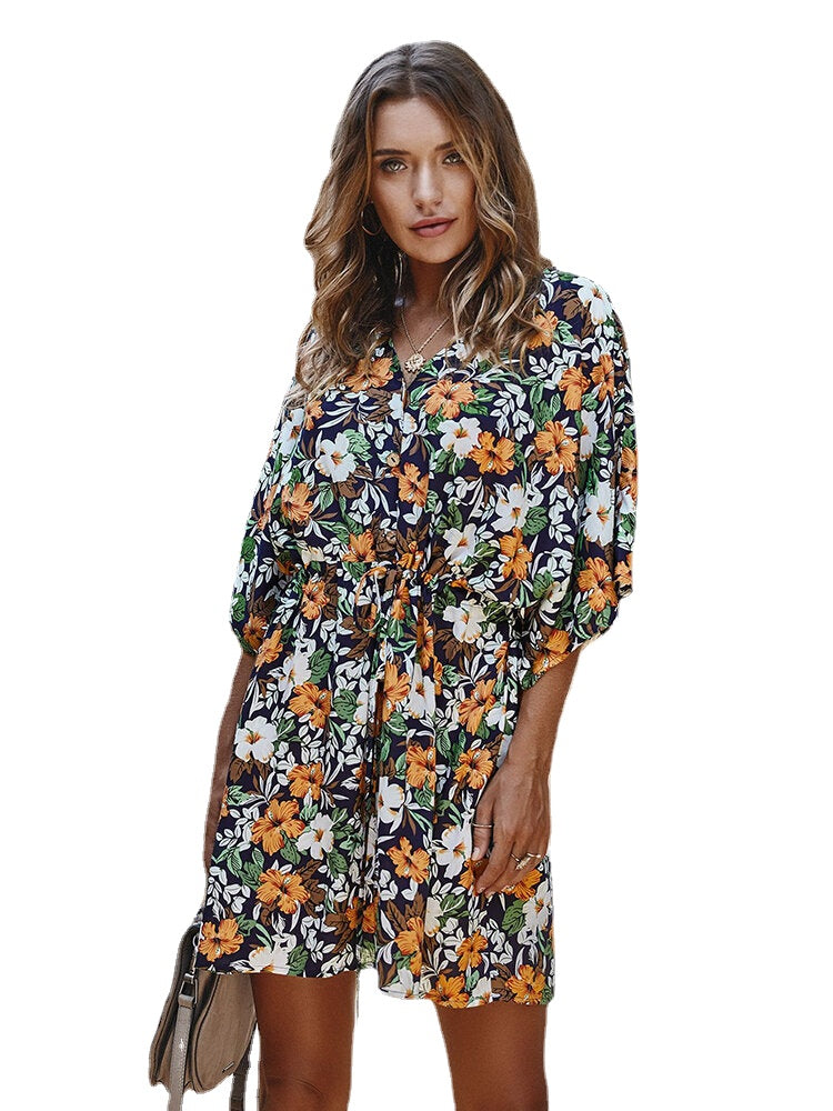 Casual Floral Print V-neck Drawstring Waist Shirt Dress