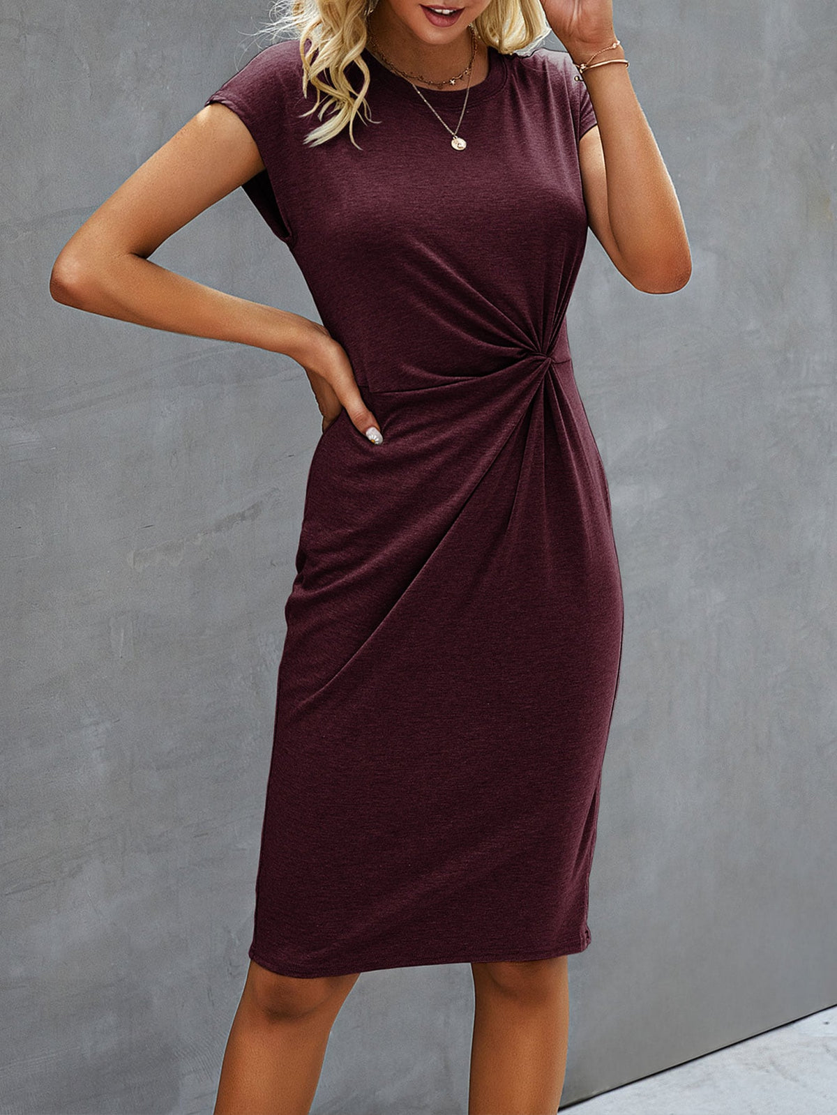 Casual Twist Solid Fitted Dress - High Waist, Knee Length, Batwing Sleeves