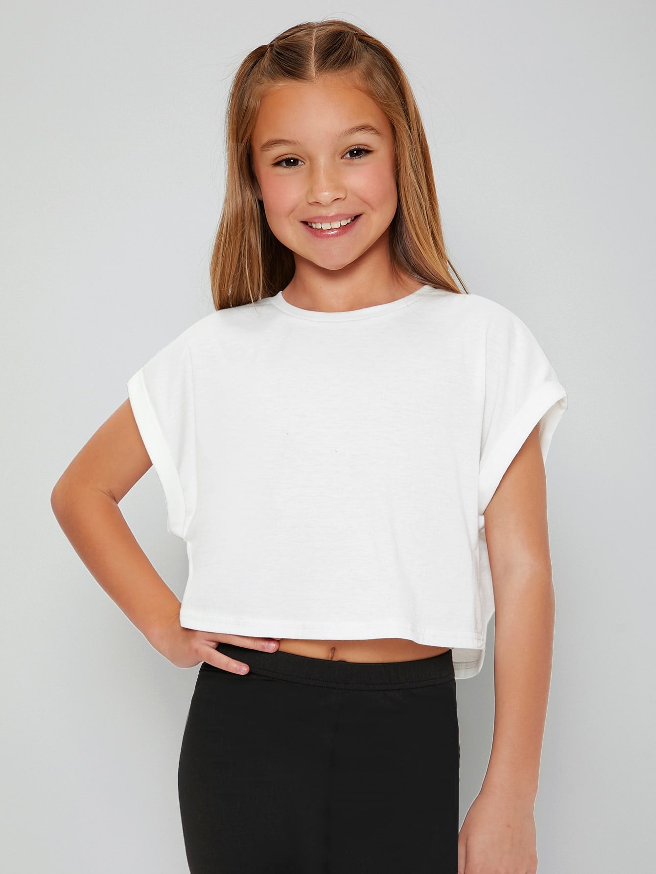 Tween Girl Casual Crop Top - Short Sleeves, Round Neck, Rolled Cuff, Solid Color