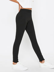 Tween Girl Knitted Solid Color Leggings - High Stretch, Lettuce Trim, Spring/Fall